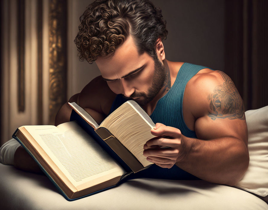 Muscular man with tattooed arms reading book in dimly lit room