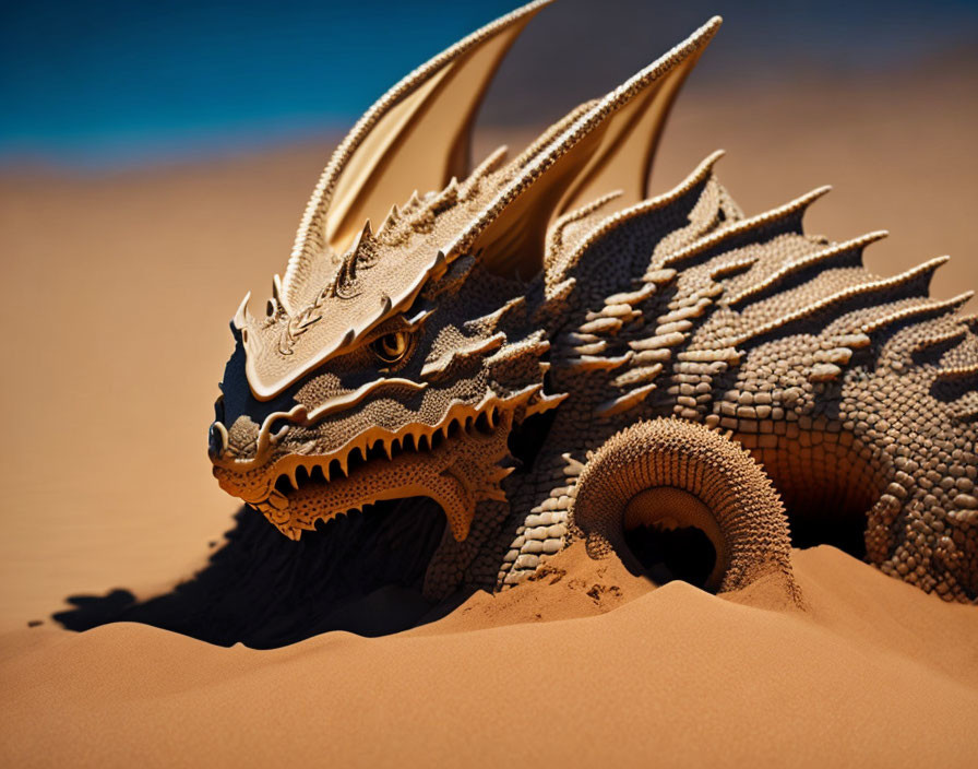 Intricate Golden Dragon Sculpture Partially Submerged in Sand