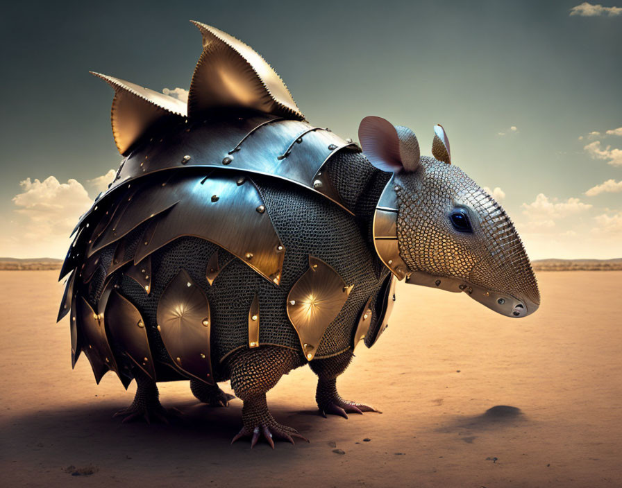 Fantasy warrior armadillo in desert landscape