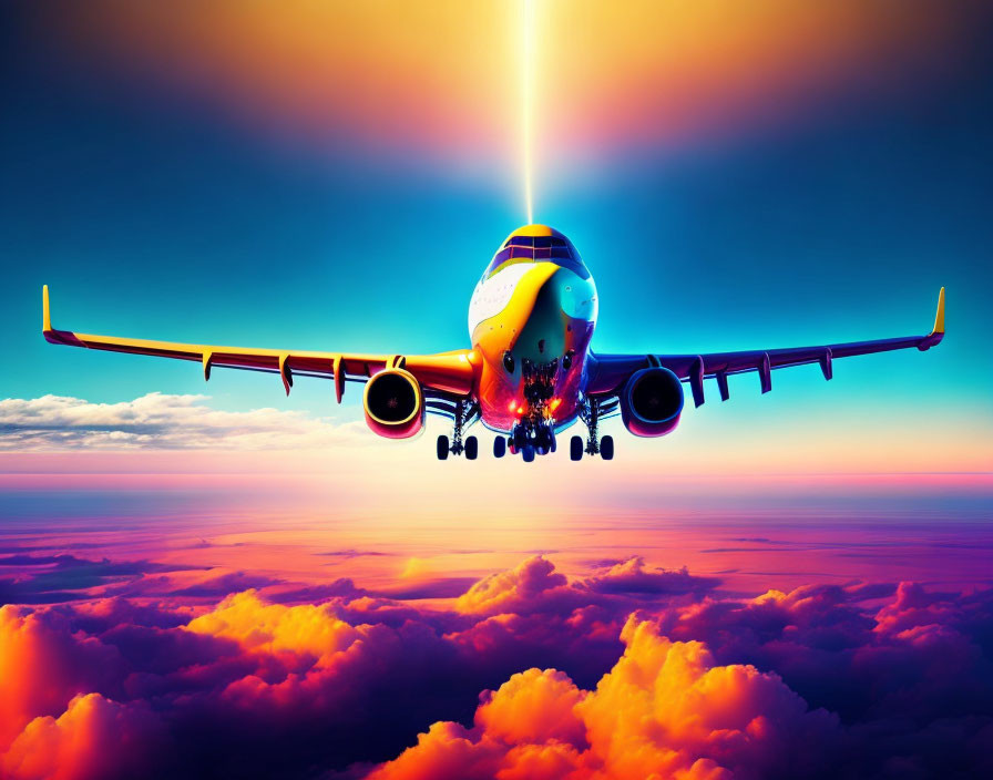 Airplane flying at sunset with orange and purple clouds and sun rays.