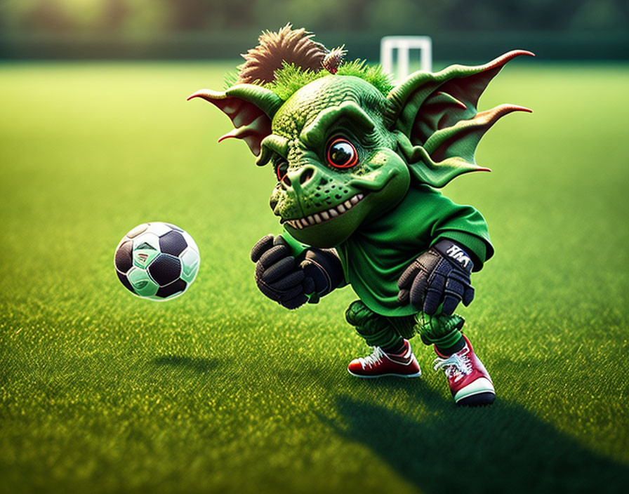 Green creature in soccer attire dribbling ball on field