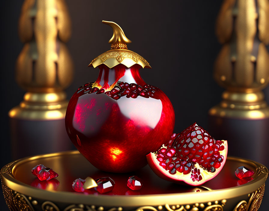 Stylized ornate pomegranate artwork on dark backdrop