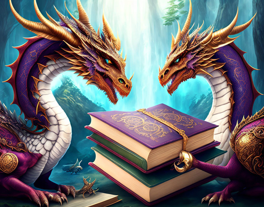 Majestic dragons with ancient books in mystical forest