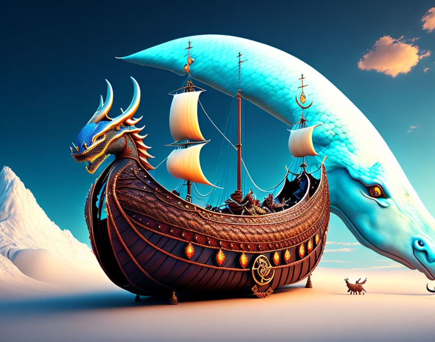 Dragon-headed ship with blue sails on surreal sea near mountains under clear sky