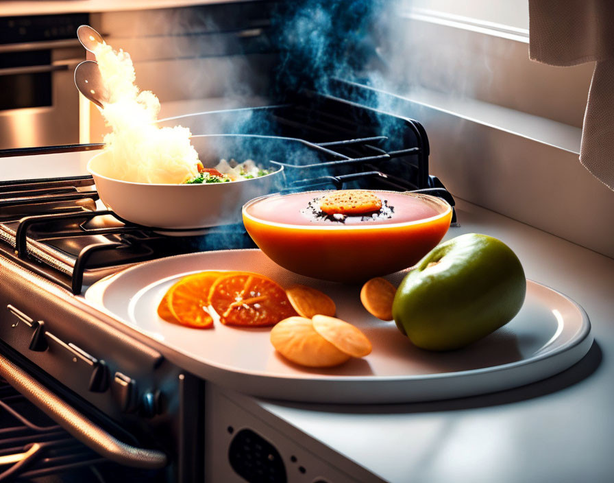 Fresh soup with fruits, nuts, and pasta on stove