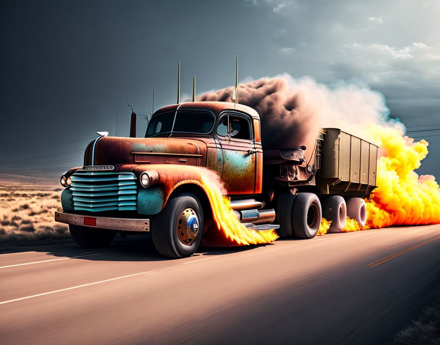 Vintage semi-truck with flames and smoke on road under dramatic sky