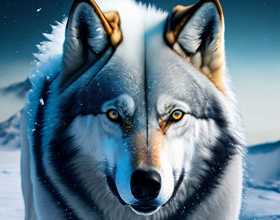 Close-up of wolf with multicolored eyes in snowy mountain setting