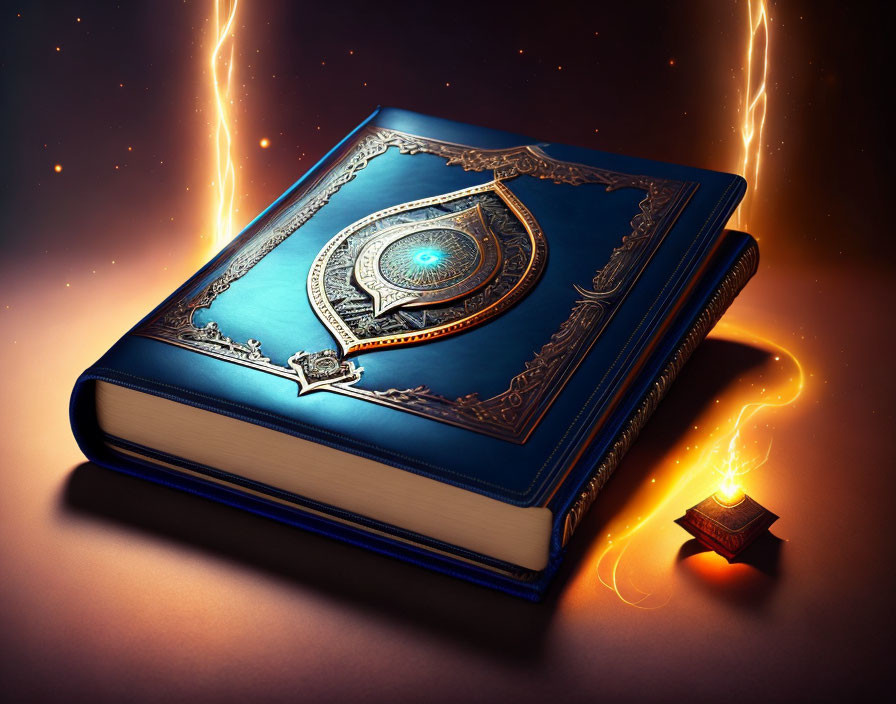 Magical blue book with ornate glowing cover in mystical scene