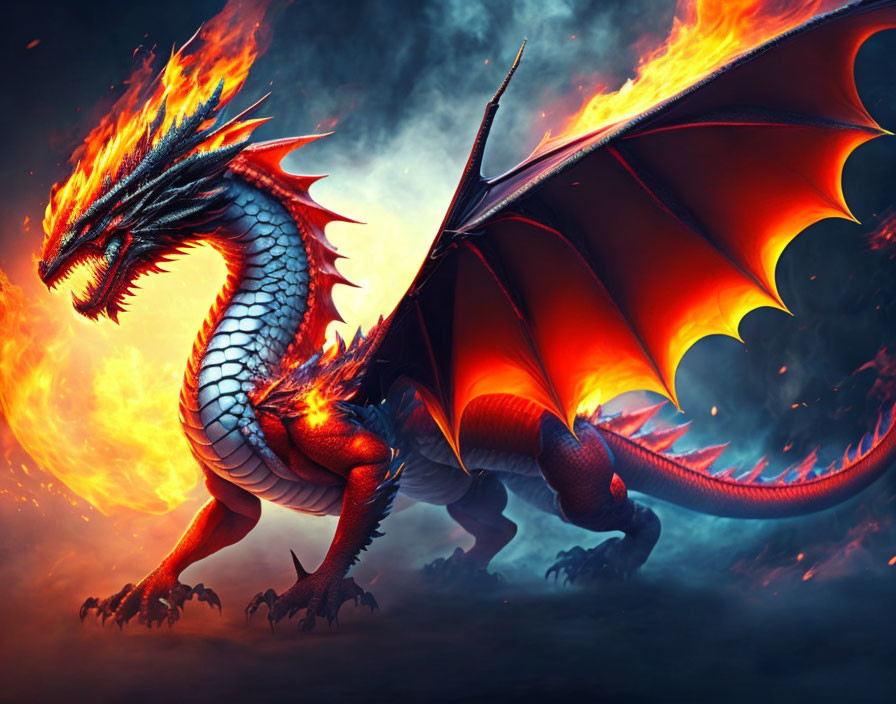 Majestic red dragon with glowing eyes and scales in fiery scene