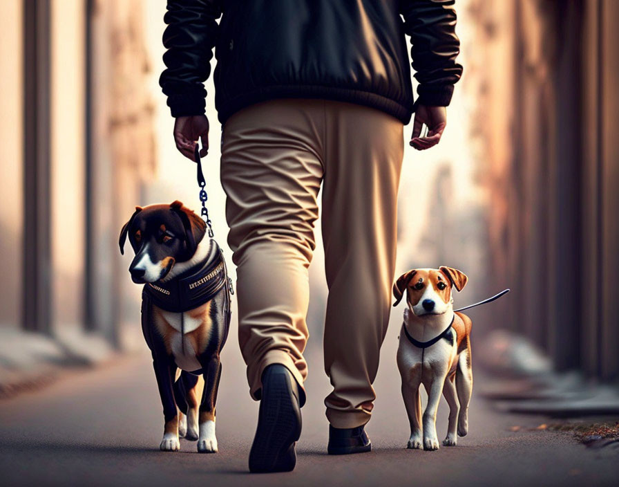 Person walking two dogs on city street with focus on dogs and lower body