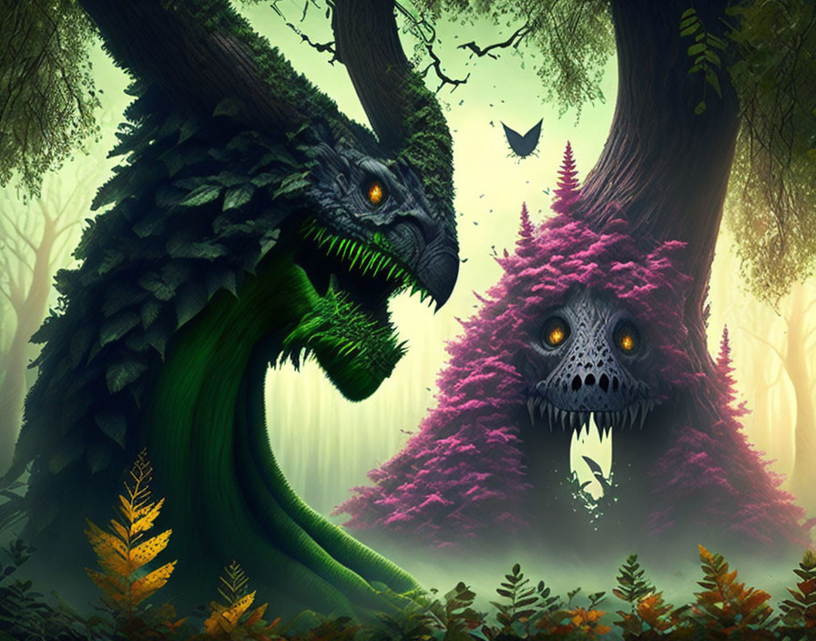 Fantastical dragon-like creatures in mystical forest with purple foliage