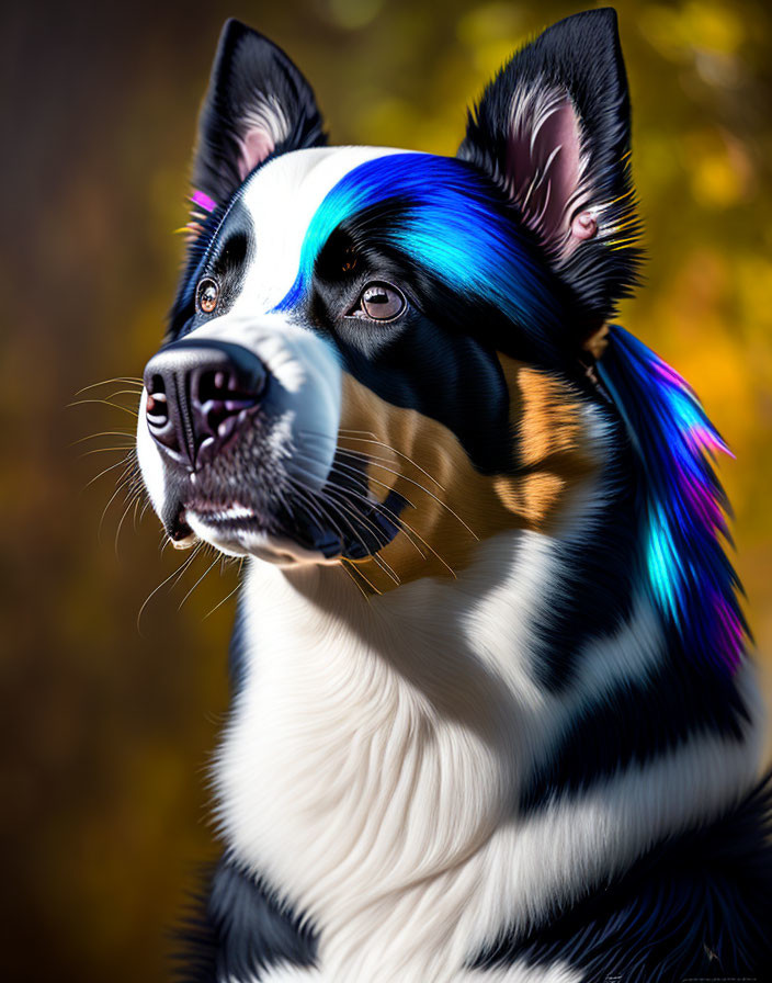 Vibrant blue and purple striped dog in autumn scene