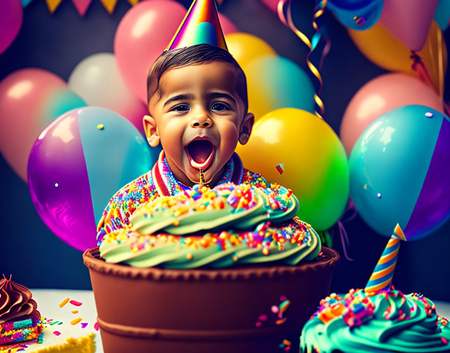 Excited toddler in party hat near birthday cake and balloons