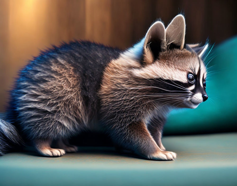 Close-Up of Attentive Raccoon with Bushy Tail and Distinct Facial Markings