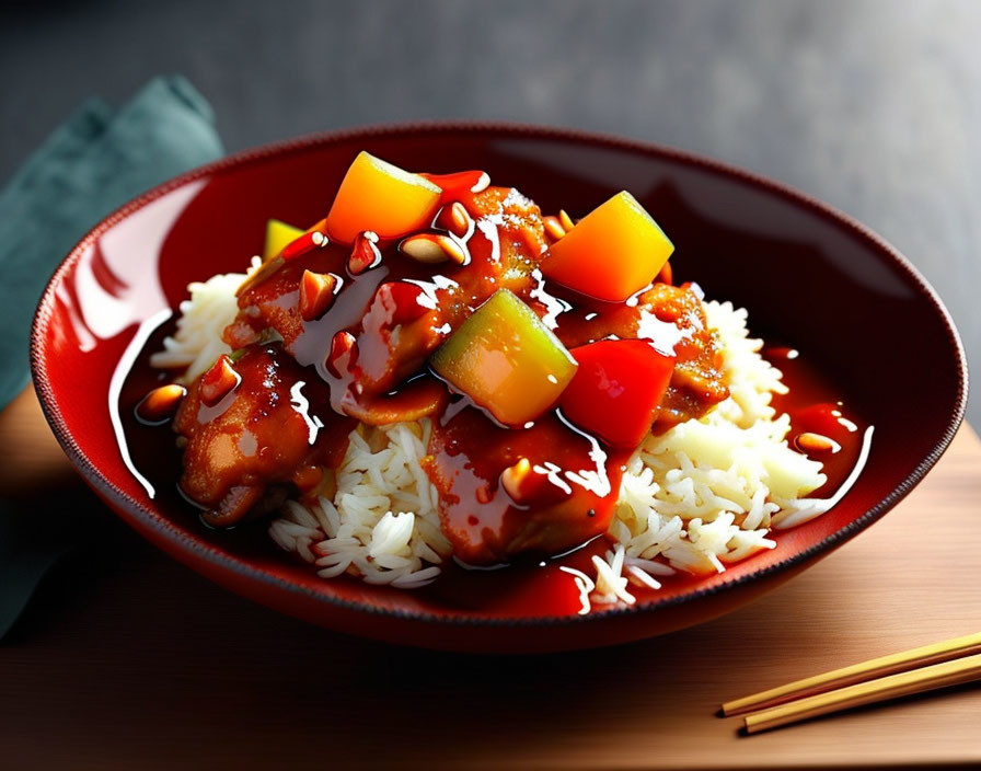 Glossy red sauce over white rice with vegetables and meat chunks, served with chopsticks.