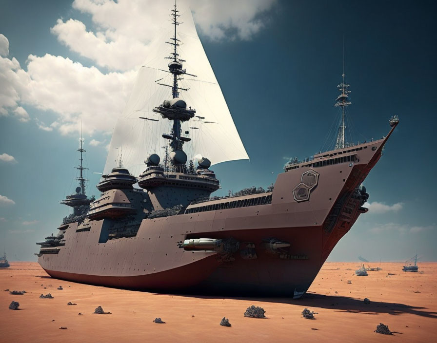 Futuristic battleship with sails in desert landscape under cloudy sky