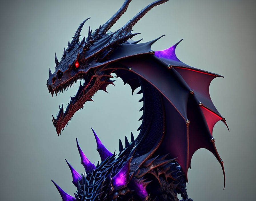 Menacing dragon with red eyes, spikes, and purple wings on neutral backdrop