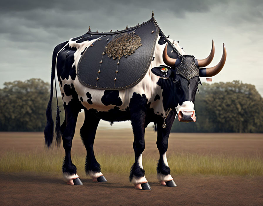 Digital artwork featuring cow with stylized black and white spots on ornate saddle blanket.