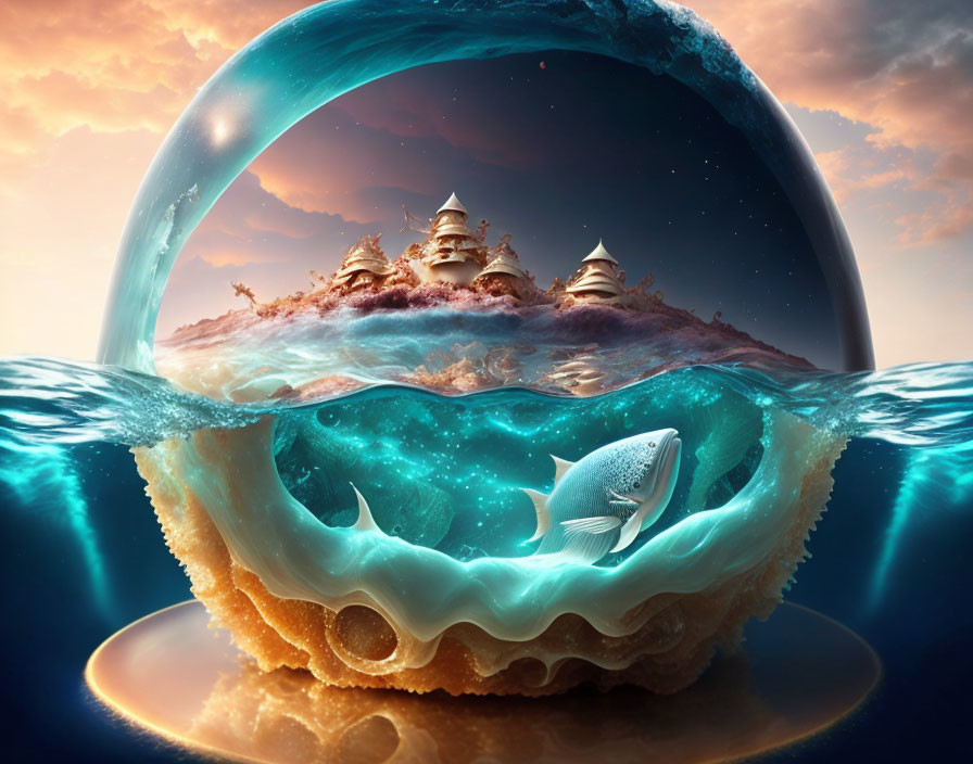 Surreal image of ocean bubble with ships and shark in twilight sky