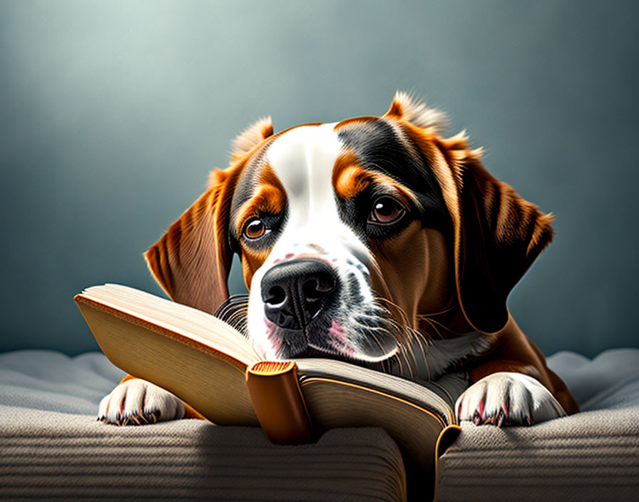 Brown and White Dog Reading Open Book on Grey Surface