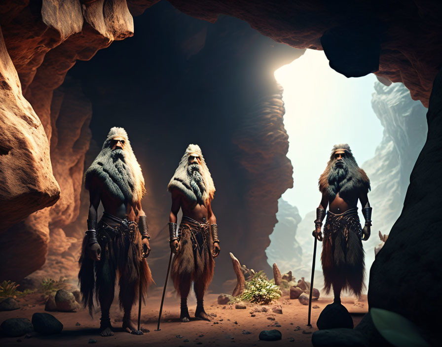 Three ancient warriors with long beards and fur clothing holding long spears in a sunlit cave