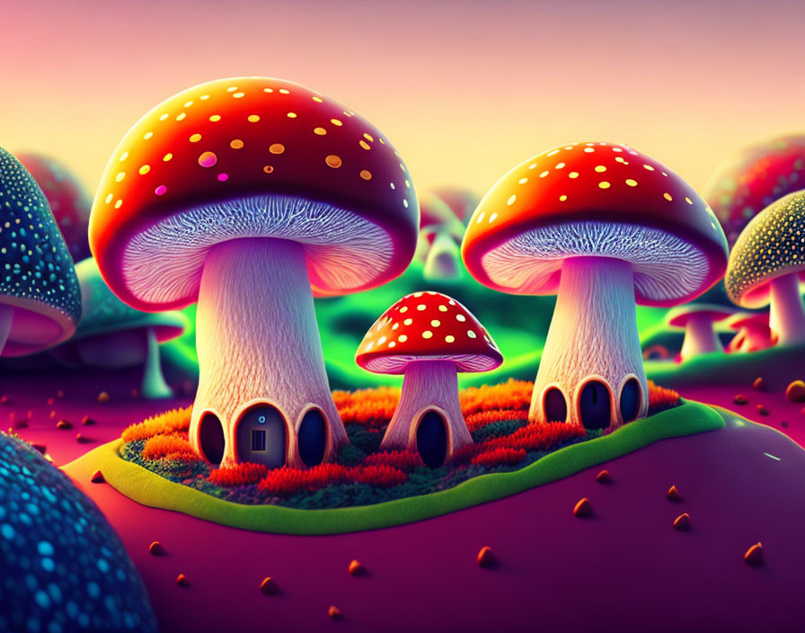 Colorful Fantasy Landscape with Oversized Whimsical Mushrooms