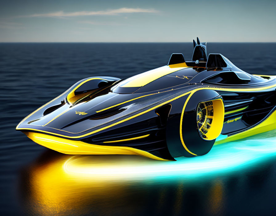 Futuristic black and yellow speedboat slicing through blue ocean waters