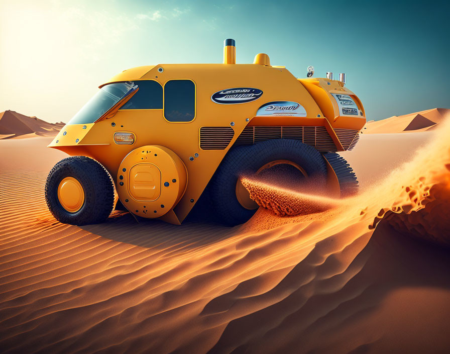 Yellow futuristic off-road vehicle in desert with large tires under clear blue sky