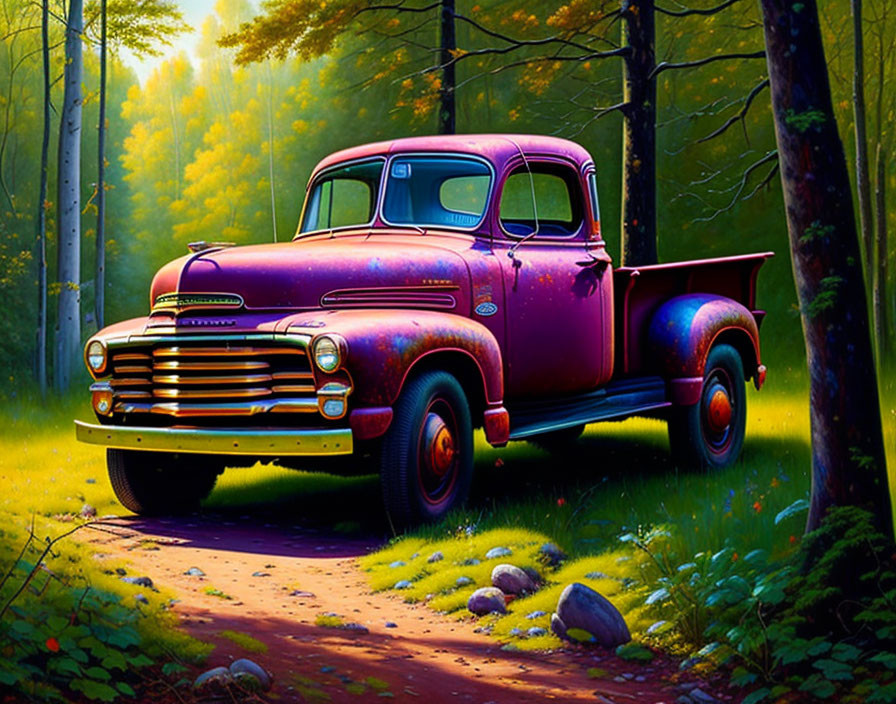 Illustration of purple truck in forest with sunlight filtering through greenery