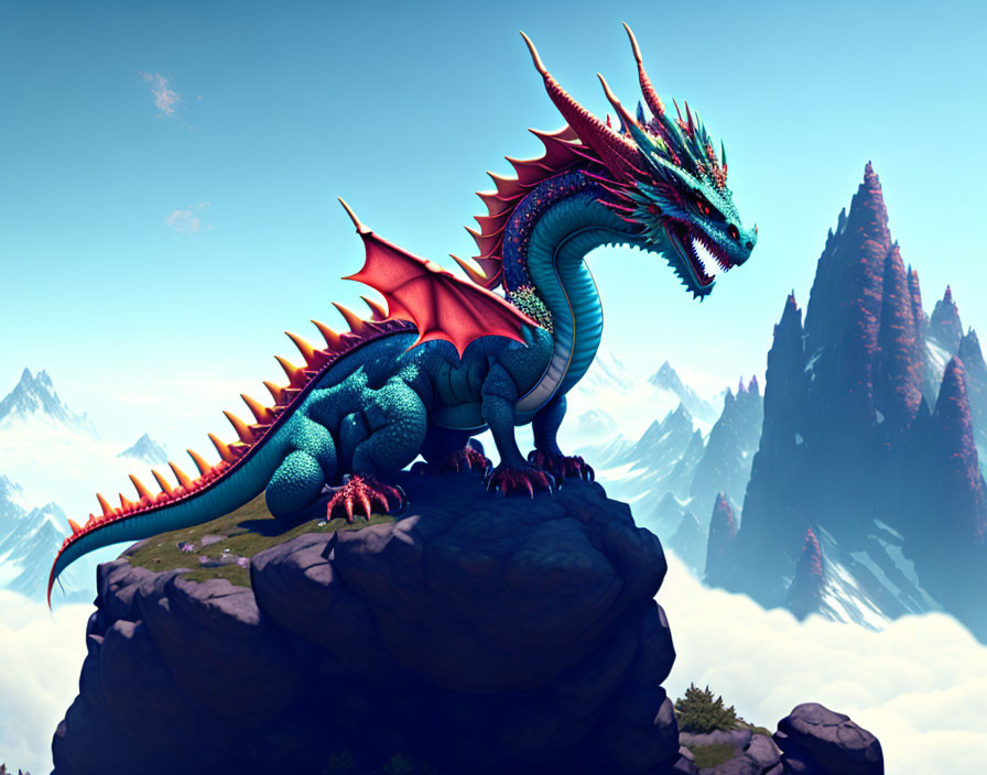 Blue-scaled dragon with red wings on cliff in mountain landscape