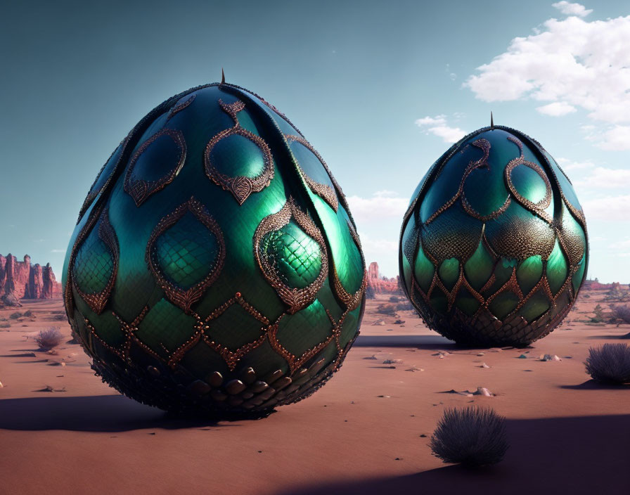 Ornate dragon eggs with emerald and bronze scales in desert landscape