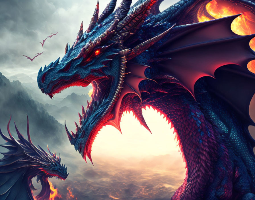 Majestic blue and red dragons with glowing eyes in mountain scenery