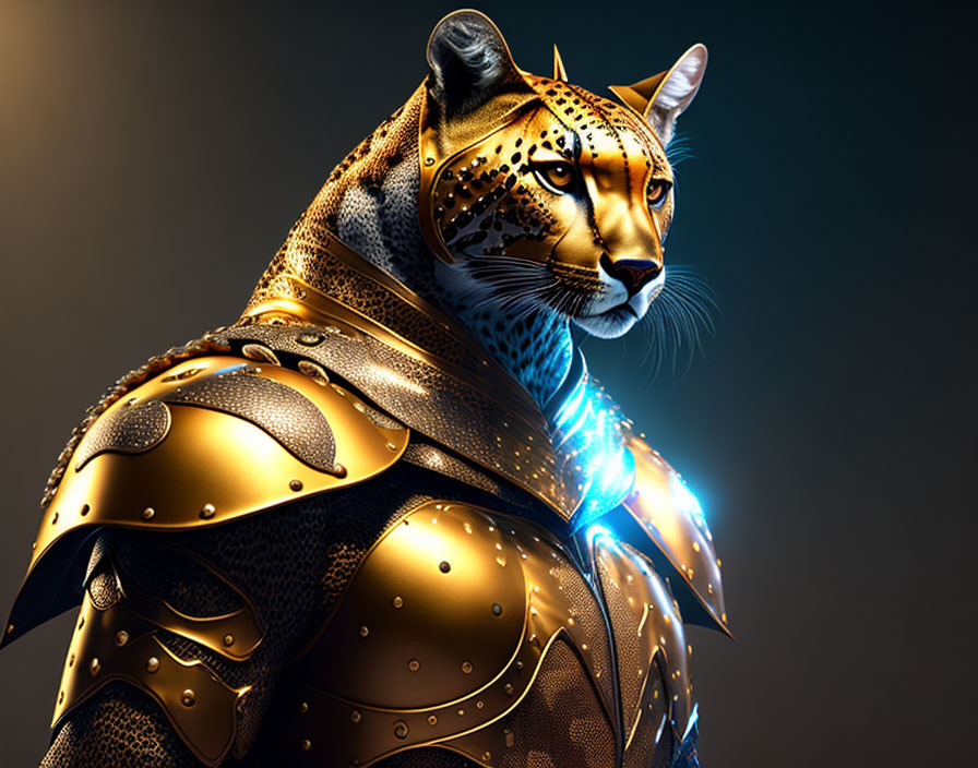 Humanoid leopard in golden armor with glowing blue energy