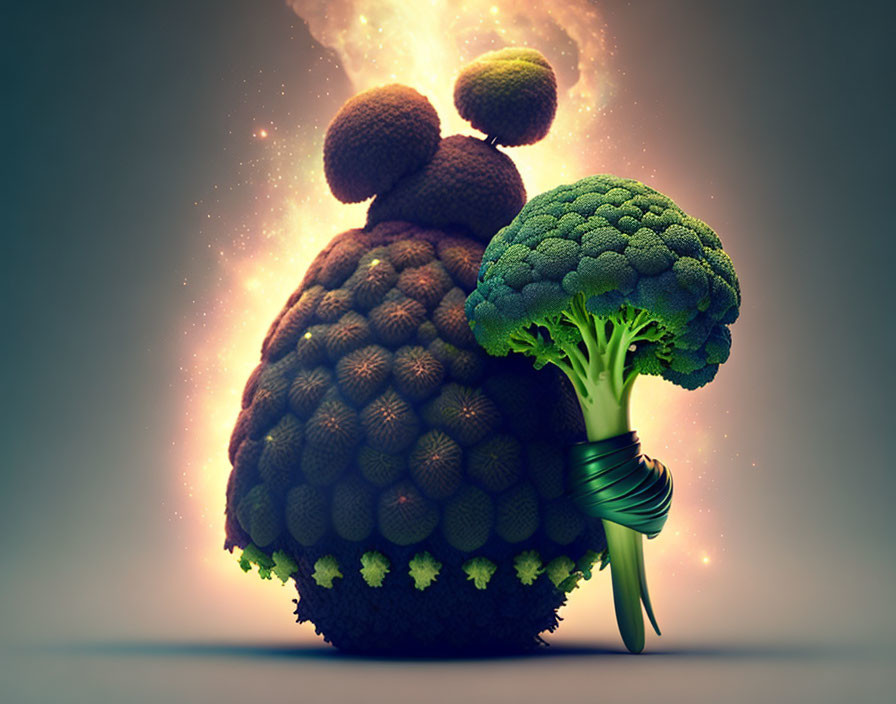 Broccoli tree with roots around earth-like sphere and fiery sparkles