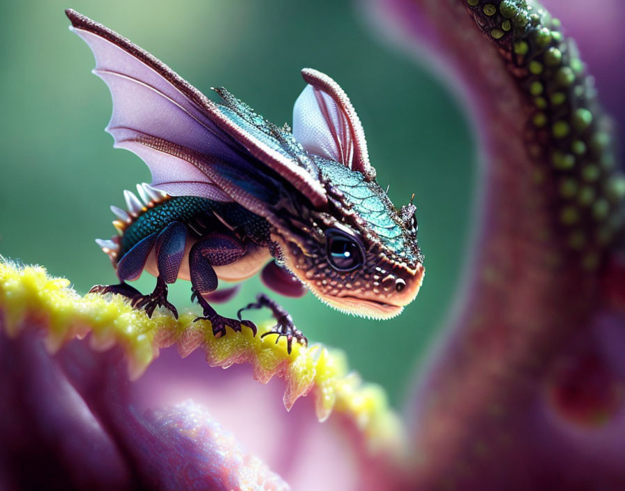 Miniature dragon with iridescent scales and delicate wings on vibrant plant