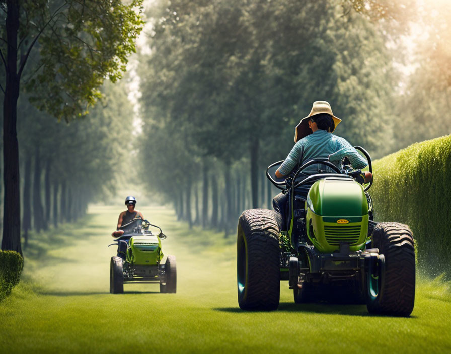 Two people on lawn mowers in a tree-lined path under hazy sunlight