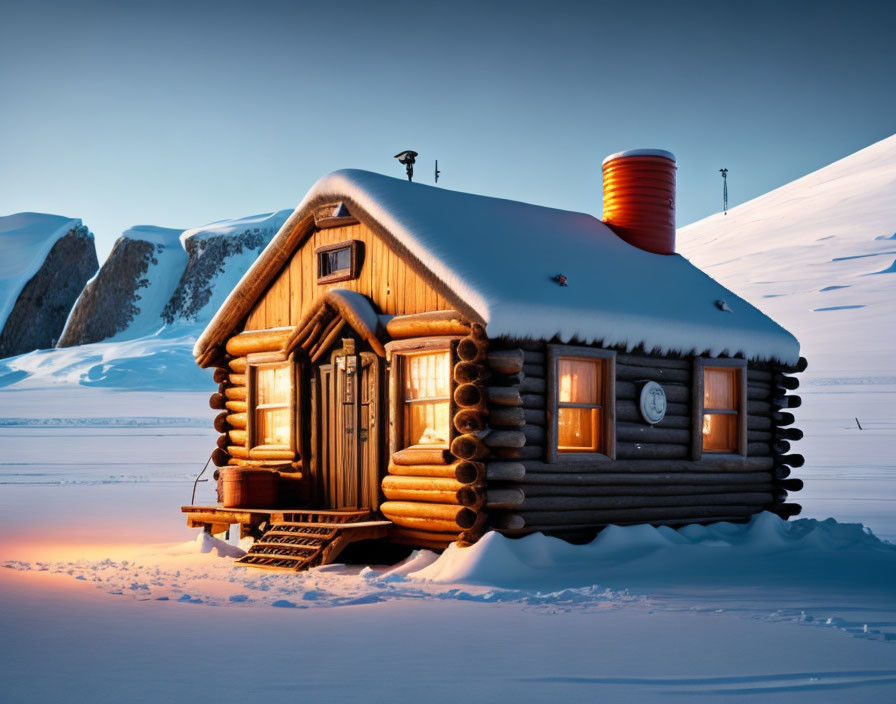 Snowy log cabin with red chimney in mountain sunset or sunrise