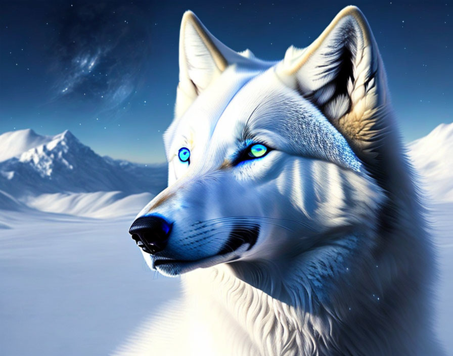 White Wolf with Blue Eyes in Snowy Mountain Landscape and Starry Sky