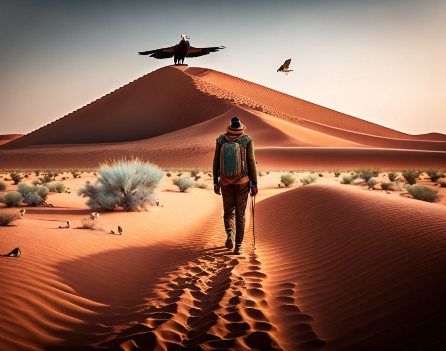 Person walking to sand dune in desert with birds and vegetation