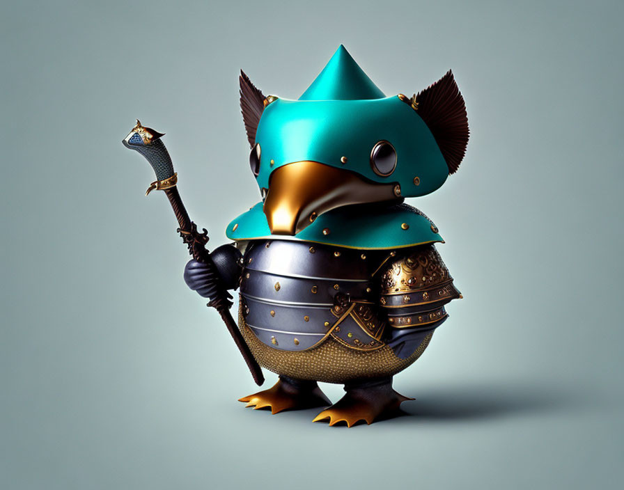 Armored owl illustration with teal helmet and golden breastplate on gray background