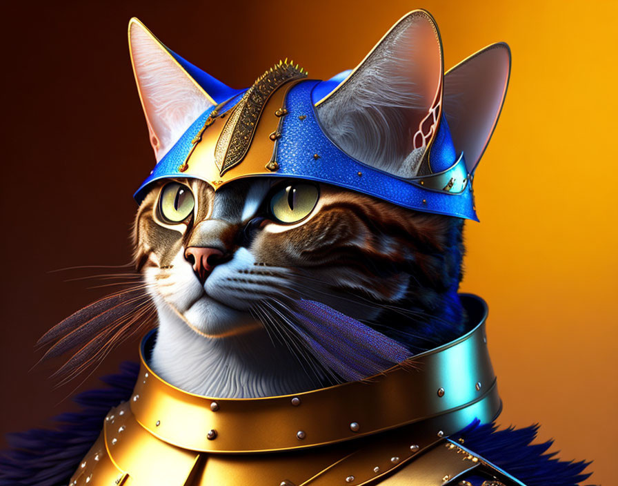 Digital artwork of a cat in golden medieval armor on orange backdrop