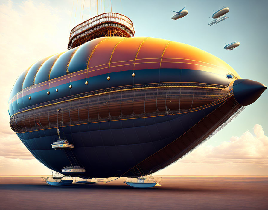 Futuristic airship over ocean at sunset with smaller aircraft.