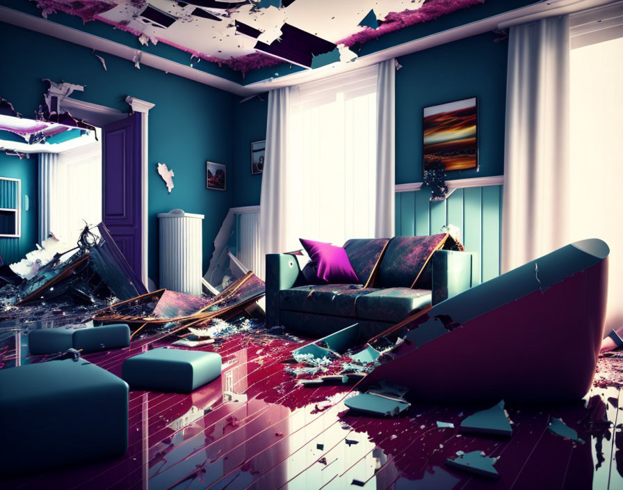 Surreal room with collapsing ceiling, torn sofa, debris, and purple hue