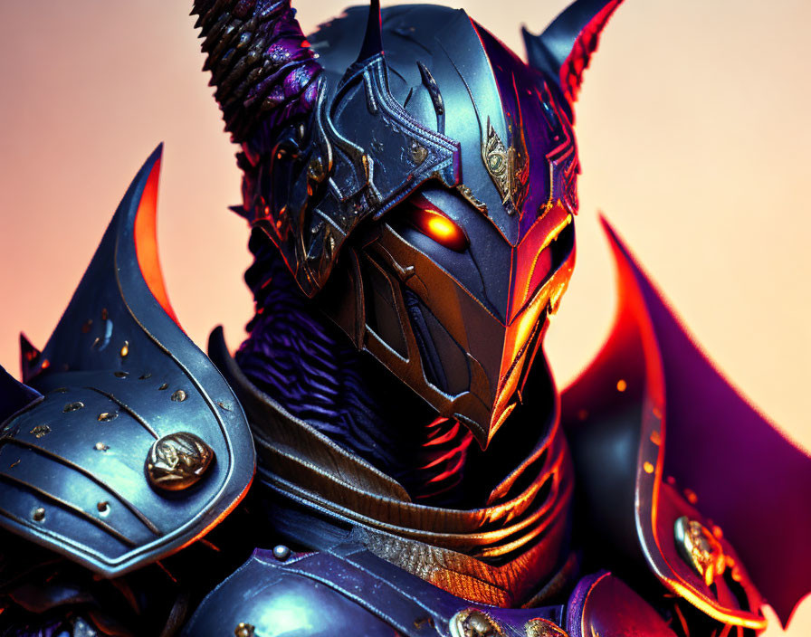 Detailed Close-Up of Ornate Fantasy Knight Helmet with Glowing Red Eyes