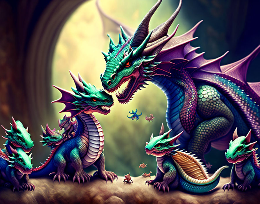 Majestic dragon with blue and purple scales surrounded by four offspring in colorful setting