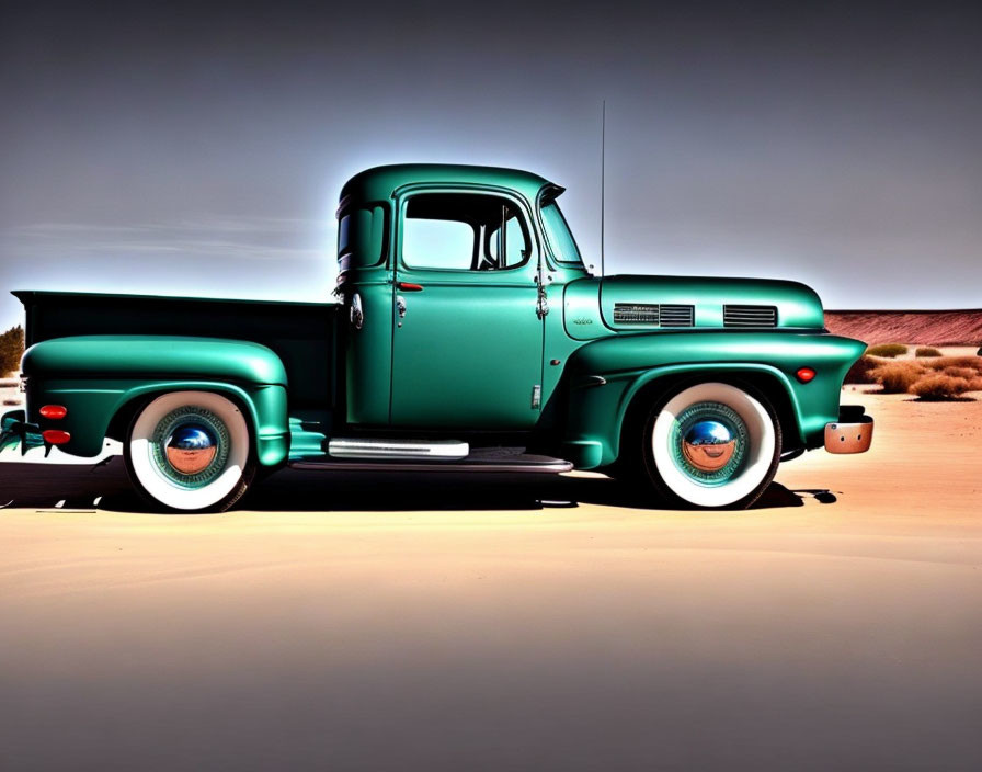 Vintage Teal Pickup Truck on Desert Roadway