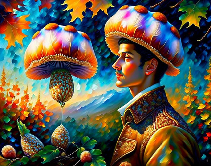 Colorful Image of Person with Mushroom Headwear in Psychedelic Landscape