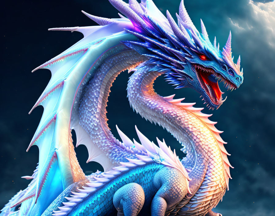 Vibrant blue dragon with sharp spikes and red glowing eyes on dark starry background