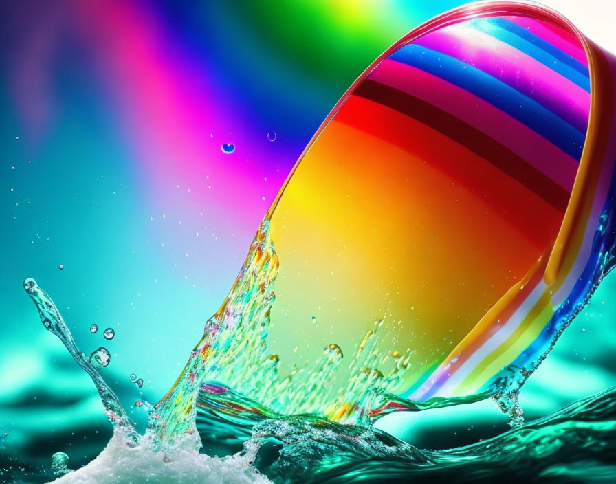 Vibrant Striped Beach Ball Splash in Rainbow Water