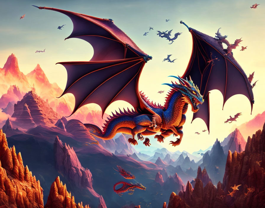 Blue and Orange Dragon Soaring Over Mountain Landscape at Sunset